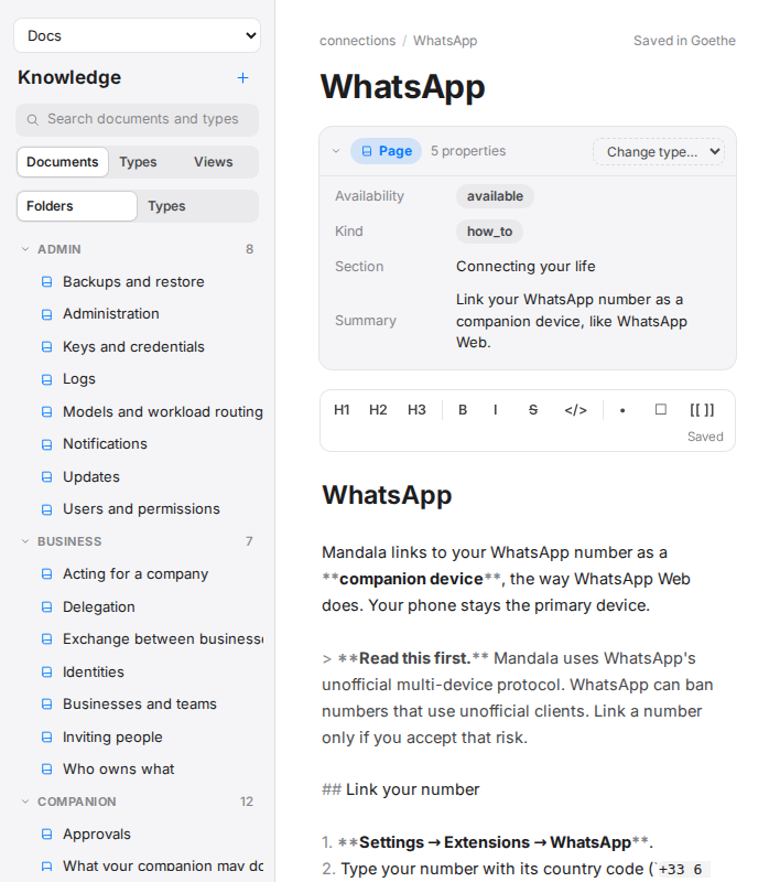 The Docs vault open in Knowledge: its folders on the left, a page with its fields on the right